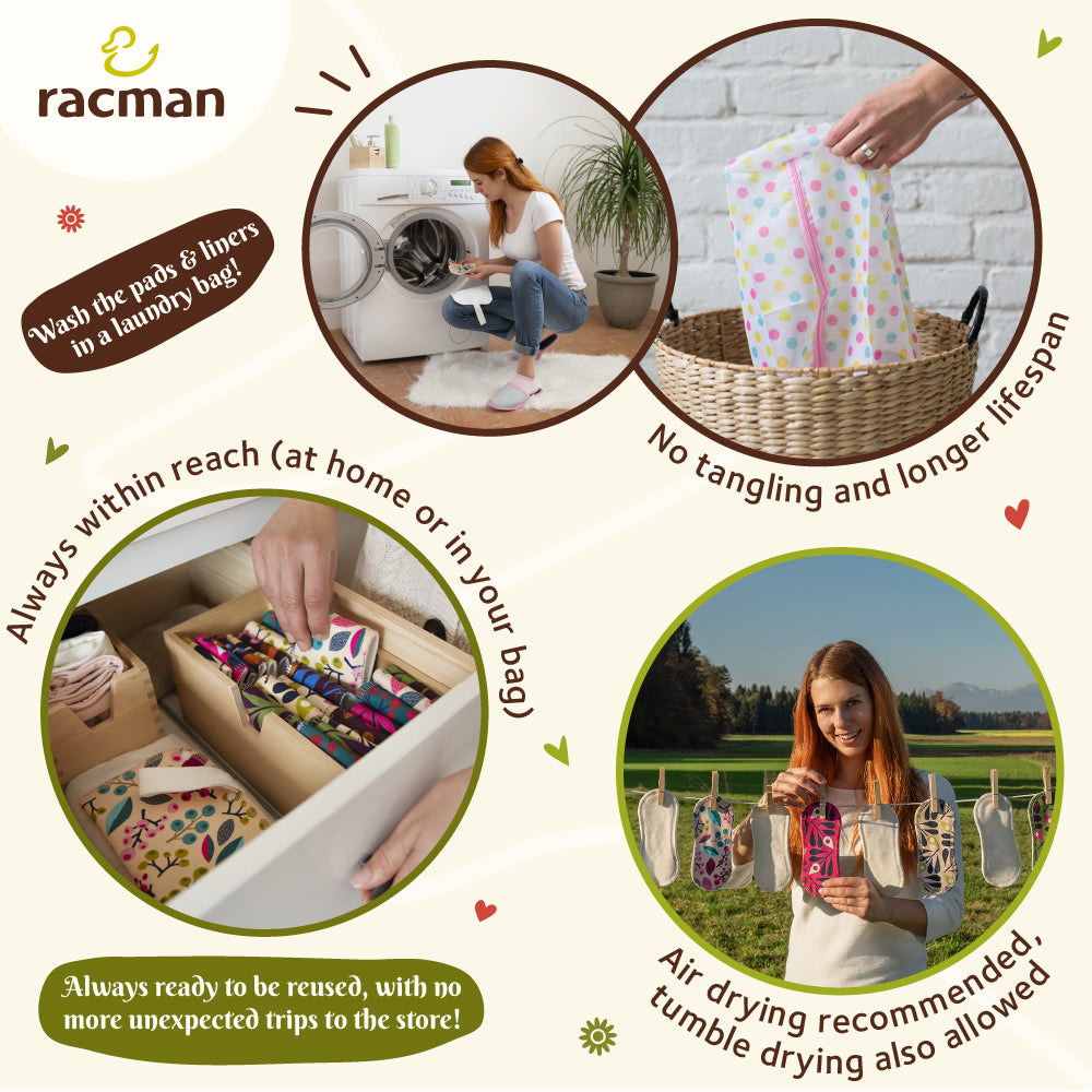 Wingless Reusable Cloth Panty Liners with Adhesive Stickers; Wingless Thin Washable Daily Pads for Women, Girls and Teens, Organic Cotton or Bamboo Feminine Liners for Normal Vaginal Discharge MADE IN EU; NOT for Menstrual Period