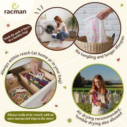 Wingless Reusable Cloth Panty Liners with Adhesive Stickers; Wingless Thin Washable Daily Pads for Women, Girls and Teens, Organic Cotton or Bamboo Feminine Liners for Normal Vaginal Discharge MADE IN EU; NOT for Menstrual Period